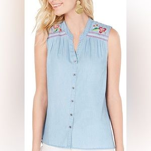 Bohemian Embroidered Denim Floral Button Down Top Lightweight Size Small